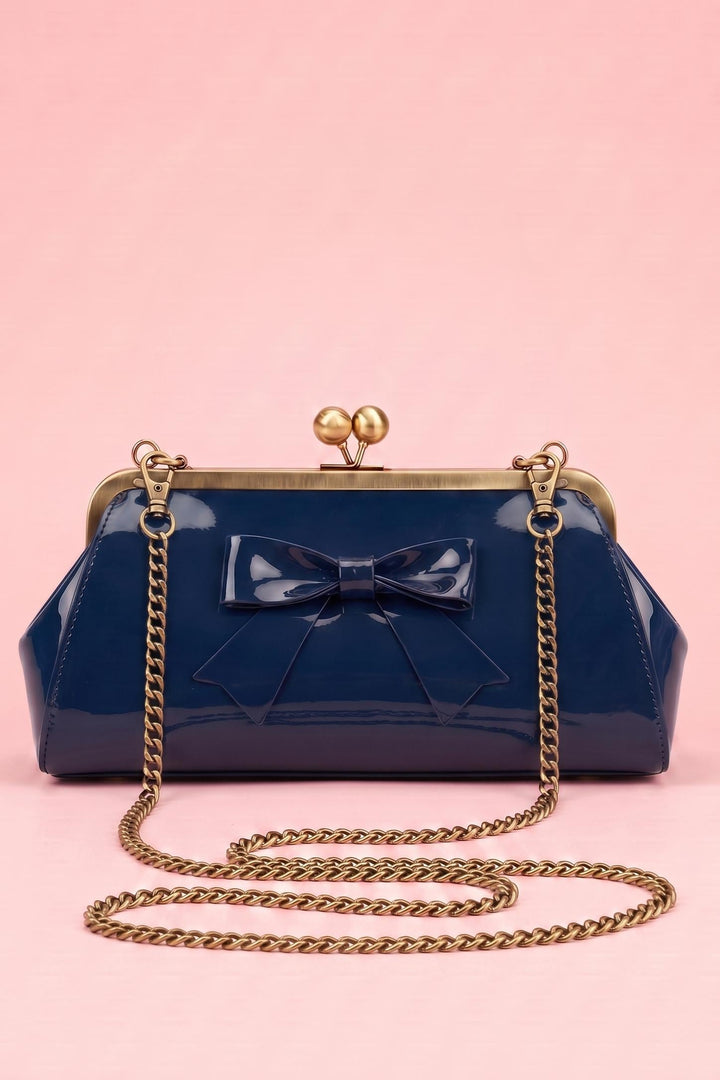 Elise Vintage Compact Kiss-lock Bow Evening Handbag in Dark Blue