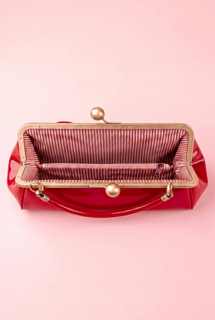 Interior shot of Elise Vintage Compact Kiss-lock Bow Evening Handbag in Red
