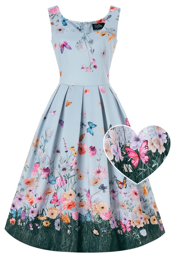 The front of Amanda Swing Dress in Blue Butterfly Field Print
