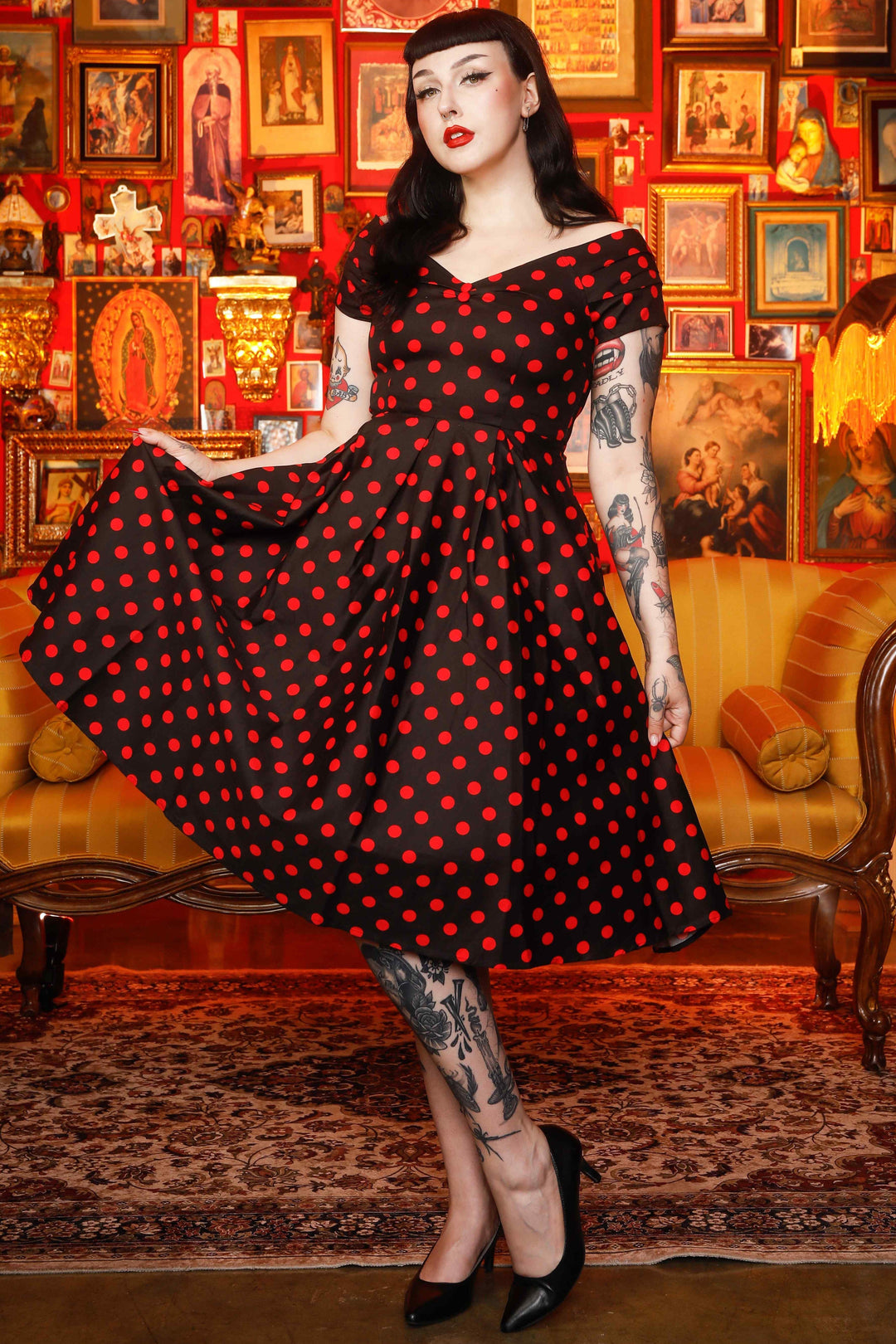 lady wearing a Lily Black & Red Polka Dot Dress | Polka Dot Dress