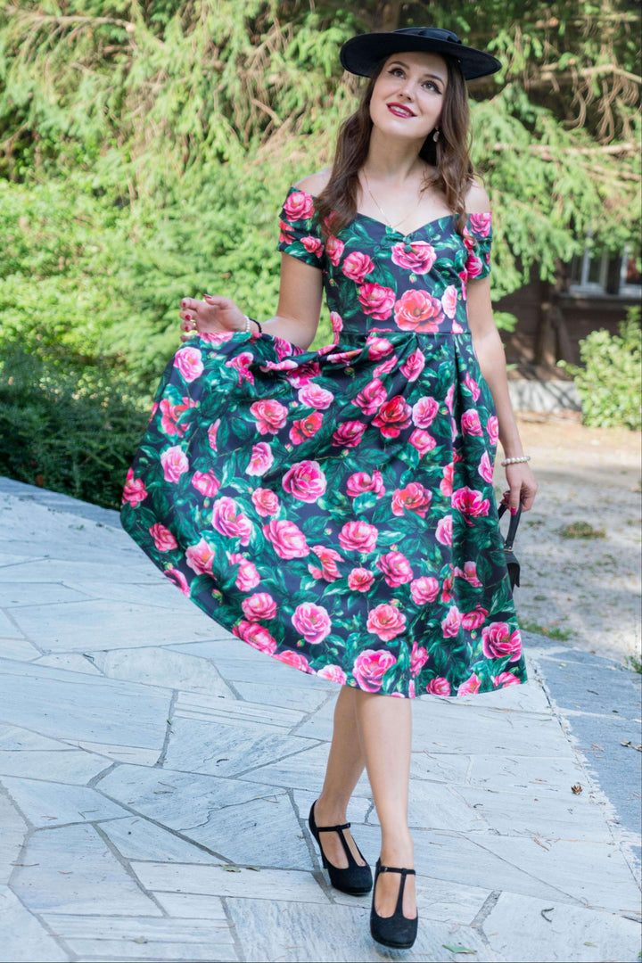 Lily Camellia Flowers on Black Dress