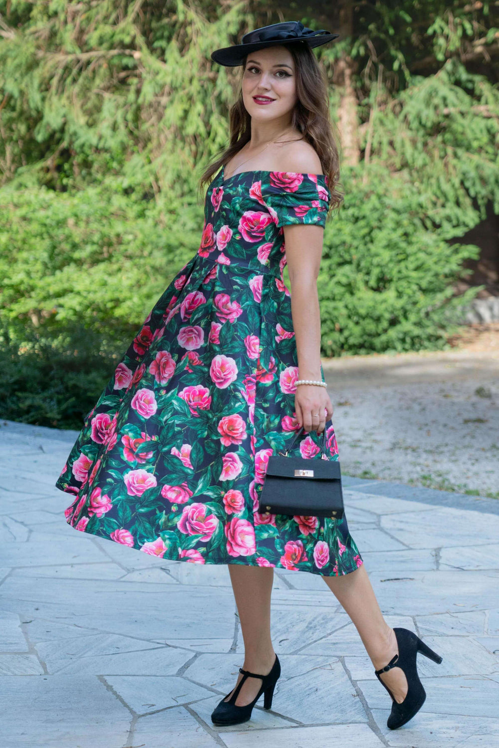 Lily Camellia Flowers on Black Dress