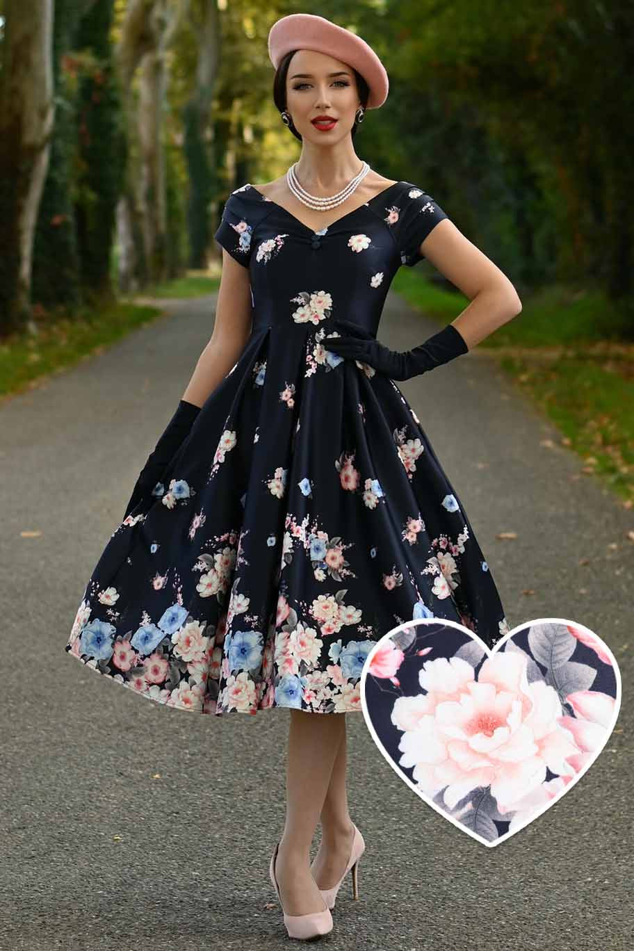 Lily Falling Roses on Navy Blue Dress