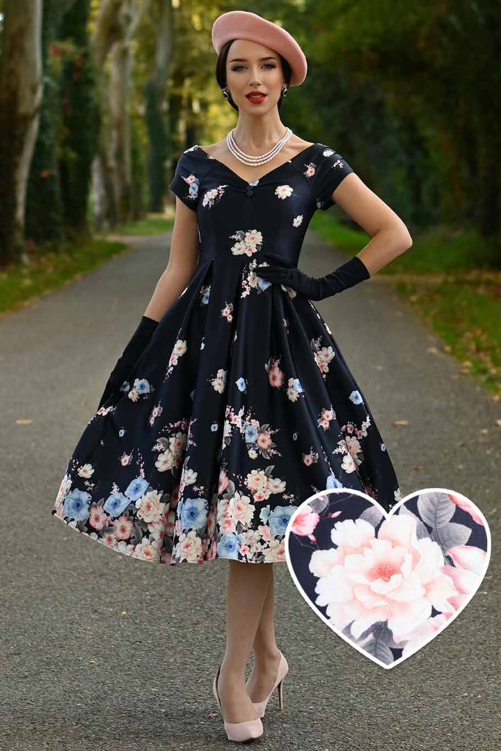 Lily Falling Roses on Navy Blue Dress