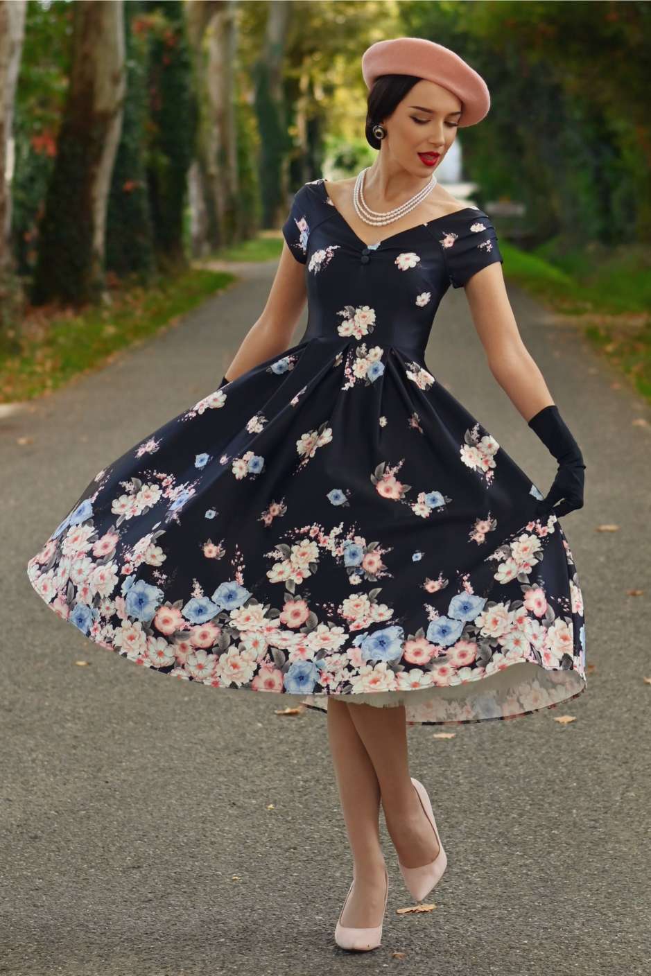 Lily Falling Roses on Navy Blue Dress