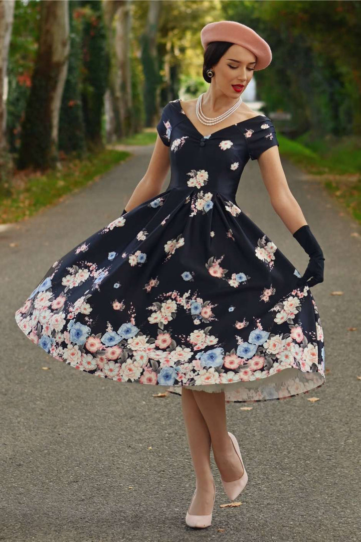 Lily Falling Roses on Navy Blue Dress