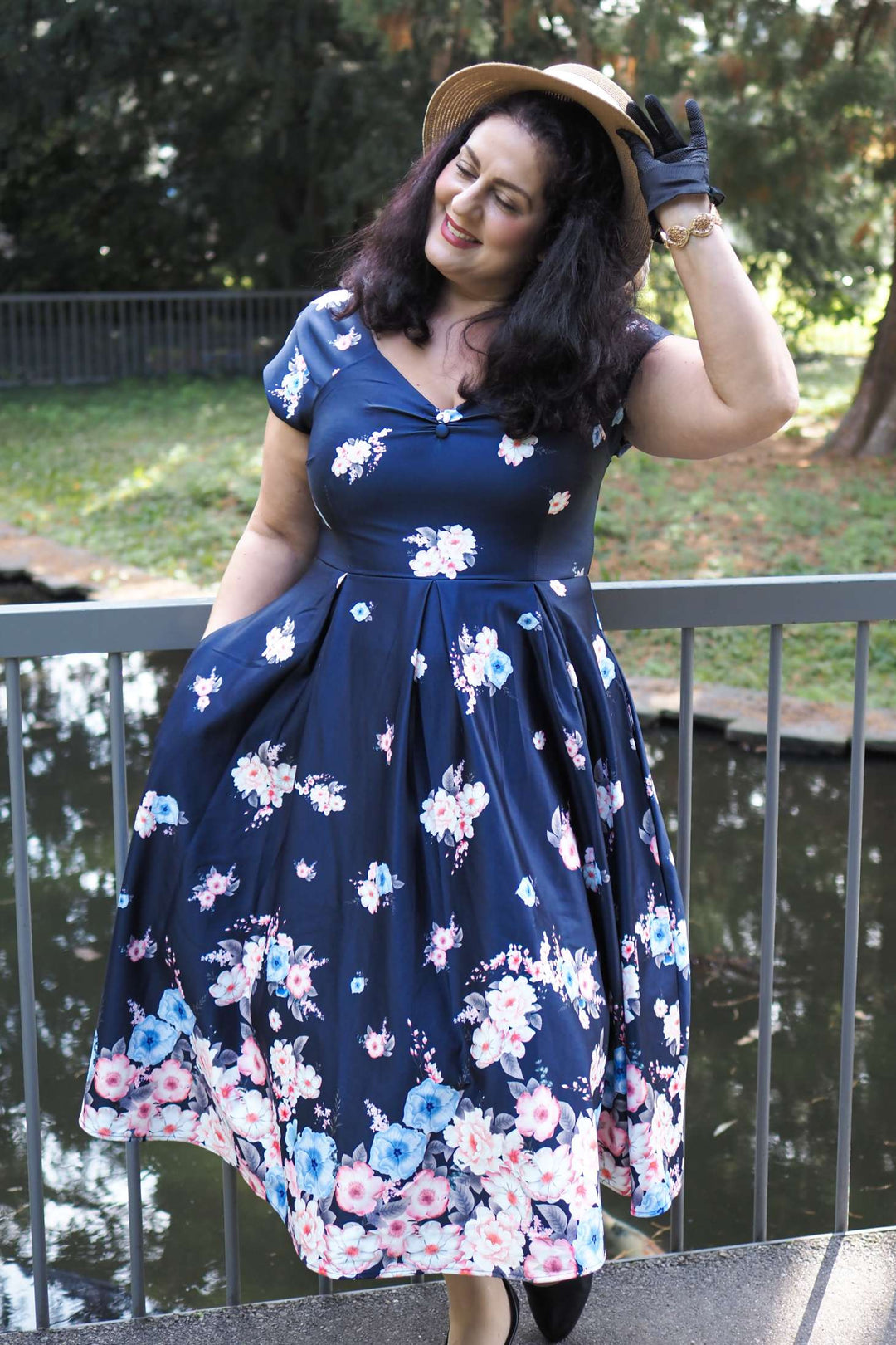 Lily Falling Roses on Navy Blue Dress