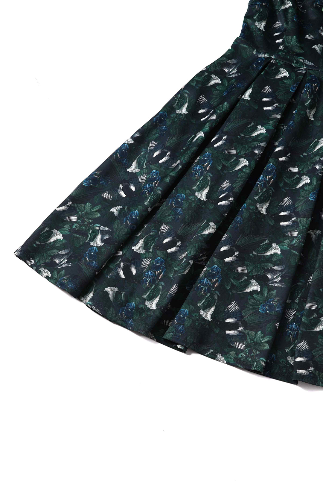 Lily Magpies on Dark Green Dress