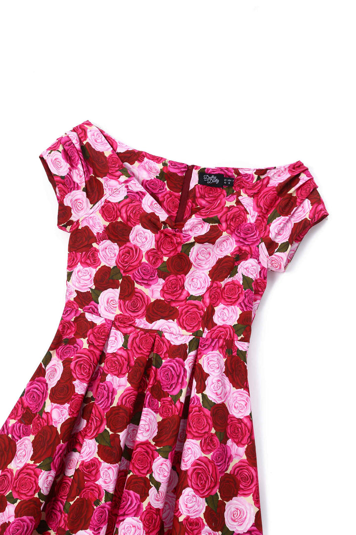 Close up view of Lily Pink Rose Garden Dress | Vintage Floral Dress