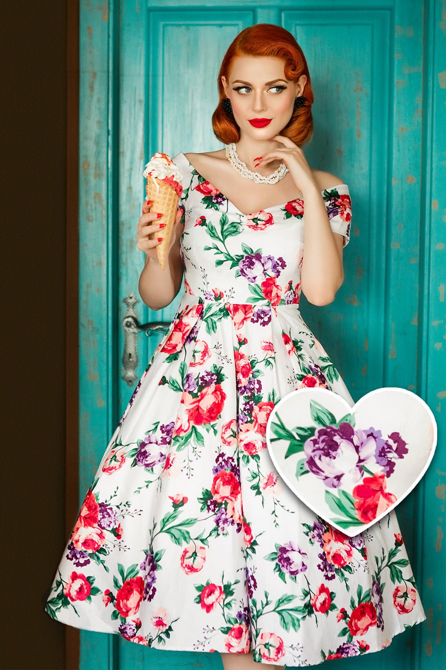 model wearing a Lily White Floral Off Shoulder Dress
