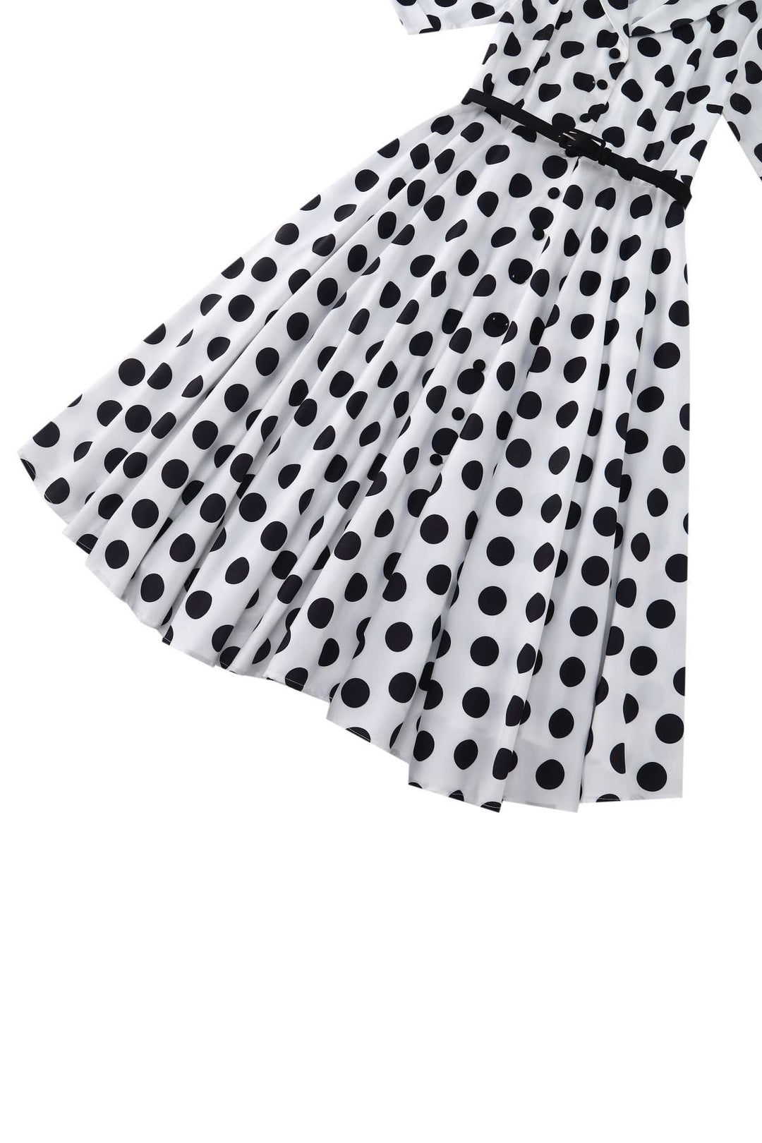Close up view of the skirt of Mollie White & Black Polka Dot Dress | 50s Style Dress