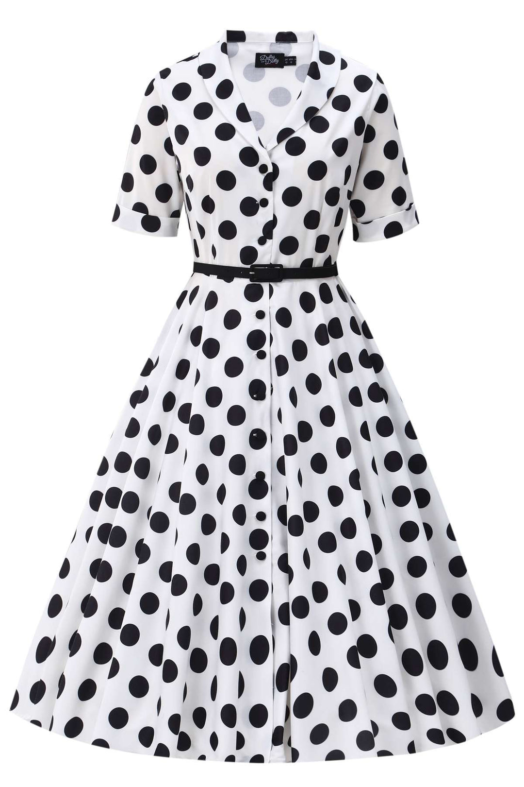 Front view of Mollie White & Black Polka Dot Dress | 50s Style Dress