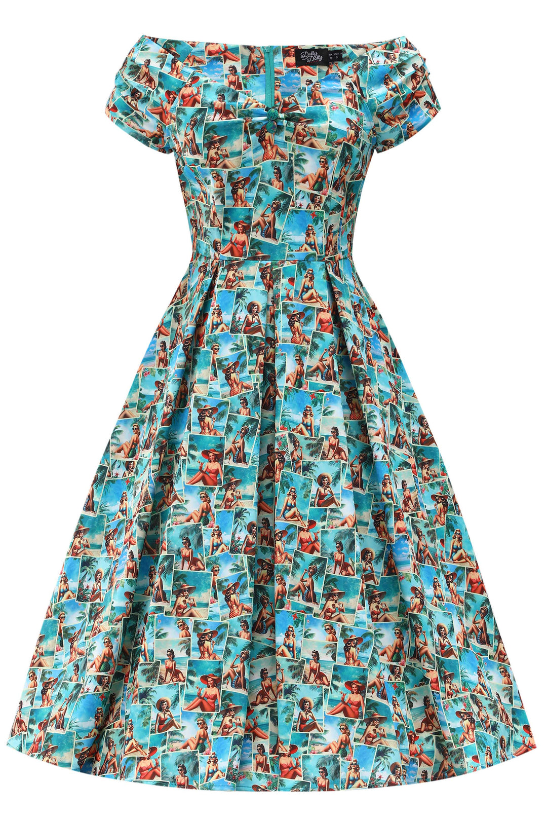 The front of a Lily Pin-Up Postcard Off Shoulder Fit and Flare Dress