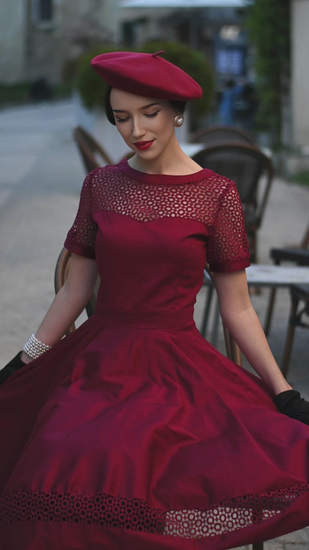 Video of an elegant lady in our Tess Burgundy Dress | Vintage Party Dress