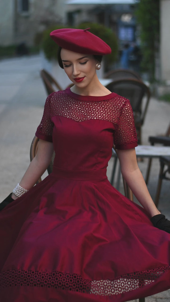 Video of an elegant lady in our Tess Burgundy Dress | Vintage Party Dress
