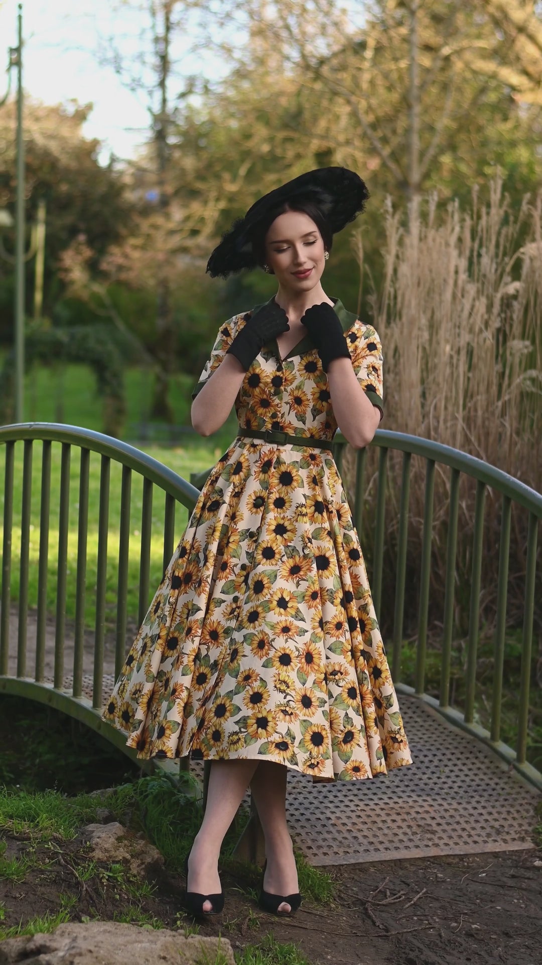 Video of a beautiful lady in Mollie Sunflowers on Cream White Dress | Vintage Floral Dress