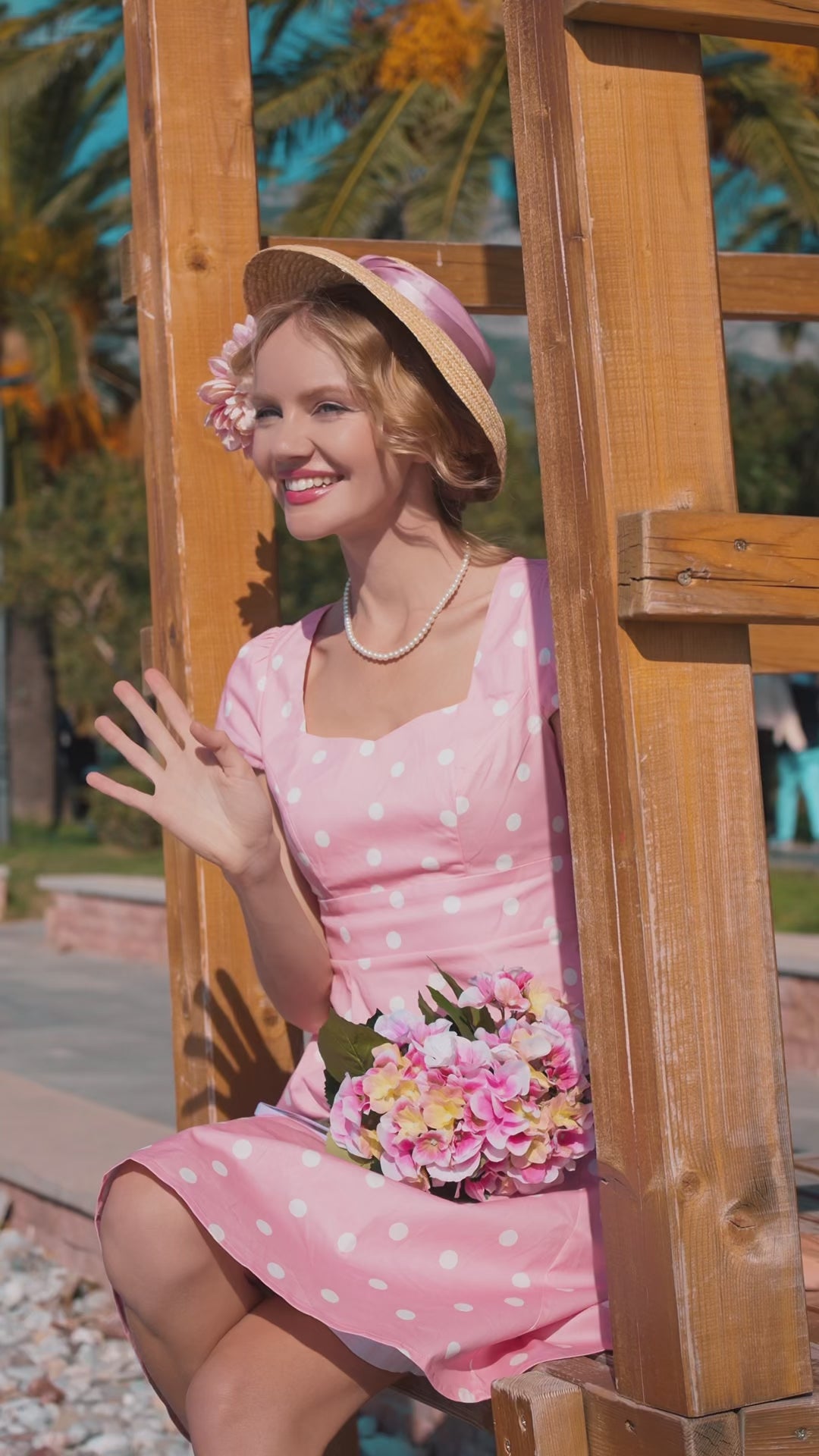 Video of a lovely lady in Claudia Pink & White Polka Dot Dress | Polka Dot Dress