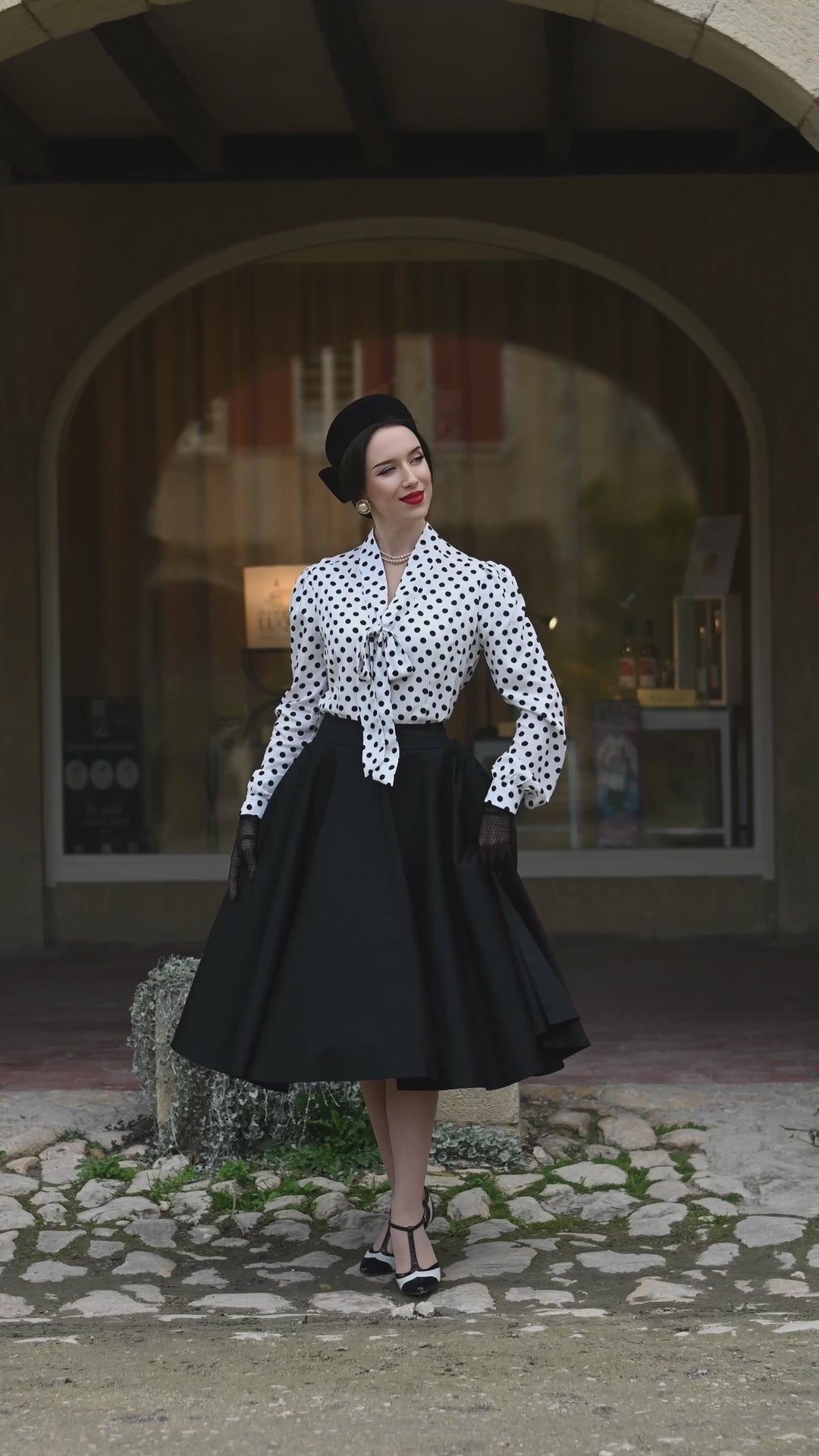 Video of a beautiful lady in our Margaret White & Black Polka Dot Blouse | Polka Dot Blouse