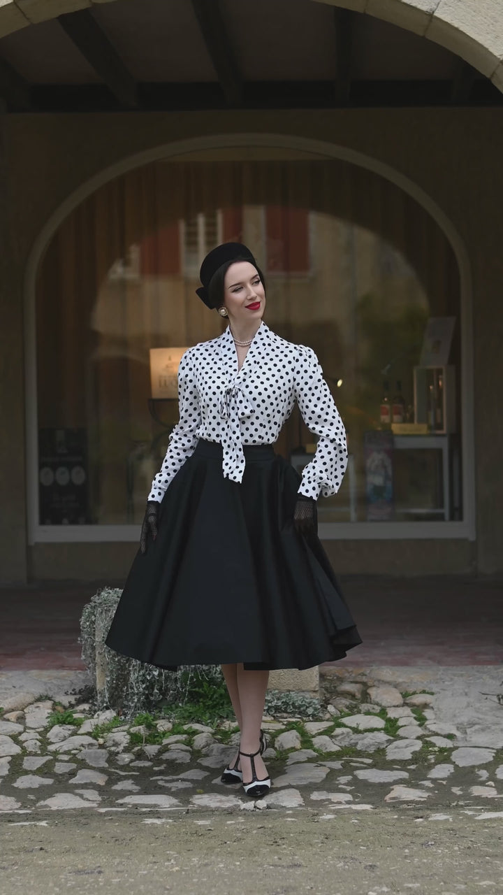 Video of a beautiful lady in our Margaret White & Black Polka Dot Blouse | Polka Dot Blouse