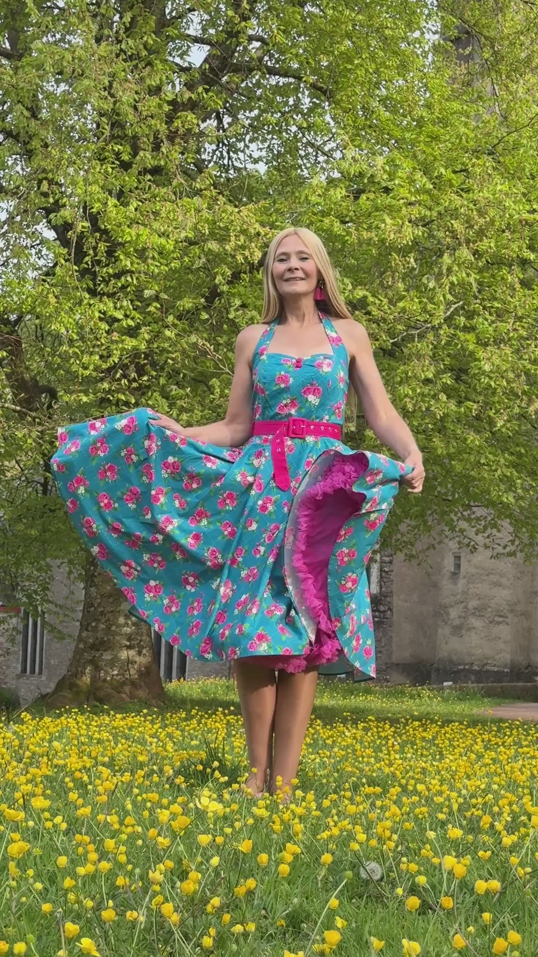 Daisy Vintage Pink Rose Halterneck Dress In Blue