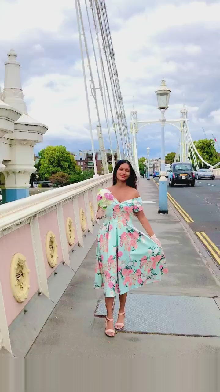 Lily Bardot Midi Dress in Mint Floral Print