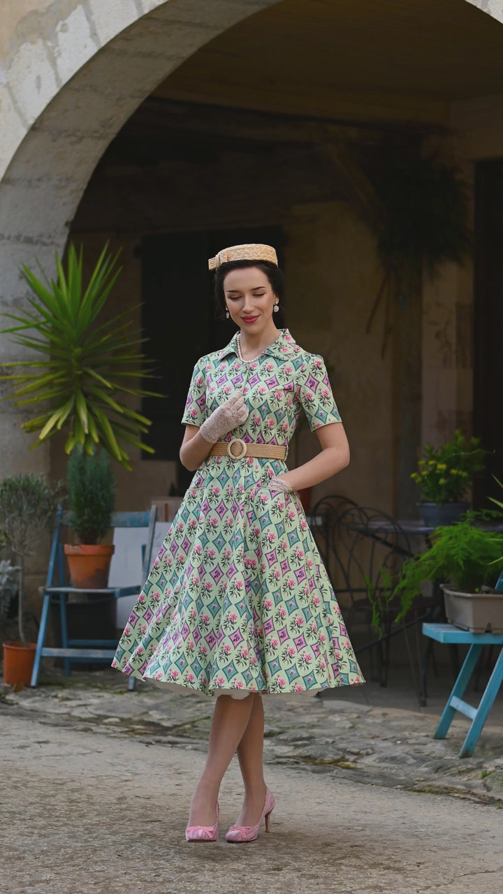 Video of an elegant lady in Mabel Quatrefoil Floral in Pastels Dress | Vintage Floral Dress