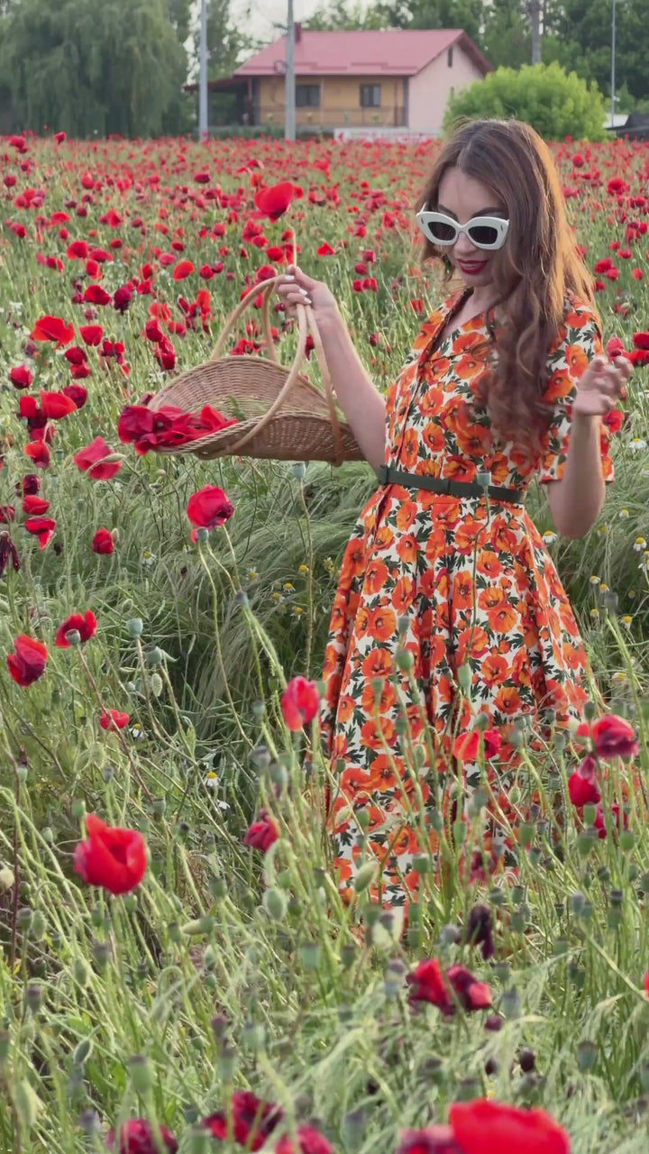 Video of lady wearing a Mollie Shirt Dress in Orange Poppy Print