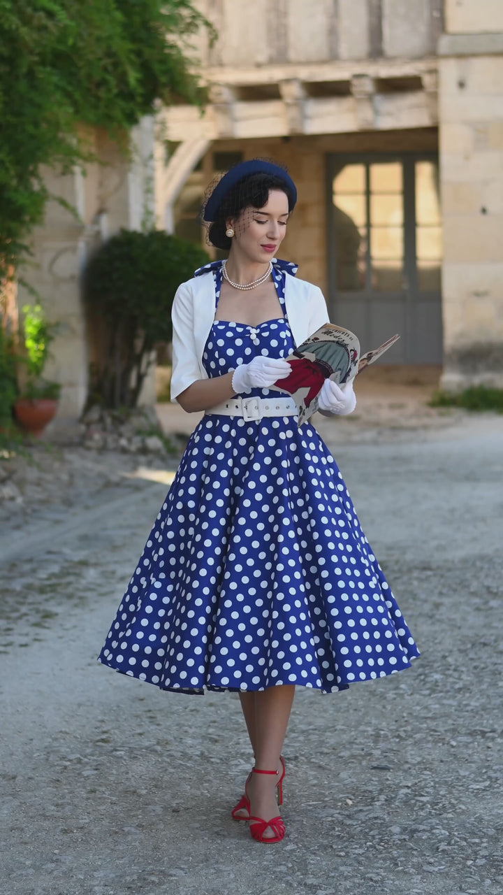 Video of a beautiful lady in Daisy Dark Blue & White Polka Dot Dress | 50s Style Dress