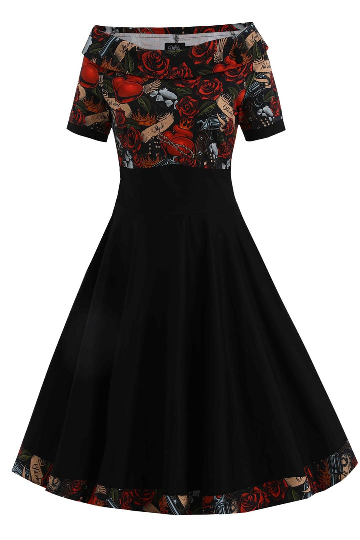 Darlene Roll Collar Dress in Guns N Roses Tattoo Print