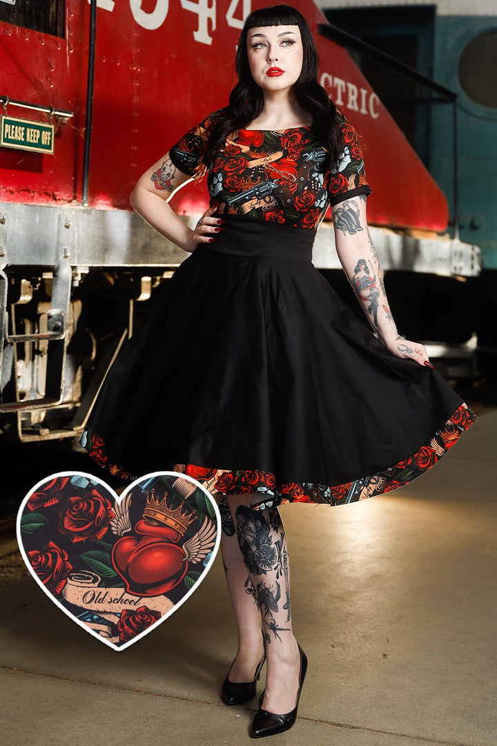Darlene Roll Collar Dress in Guns N Roses Tattoo Print