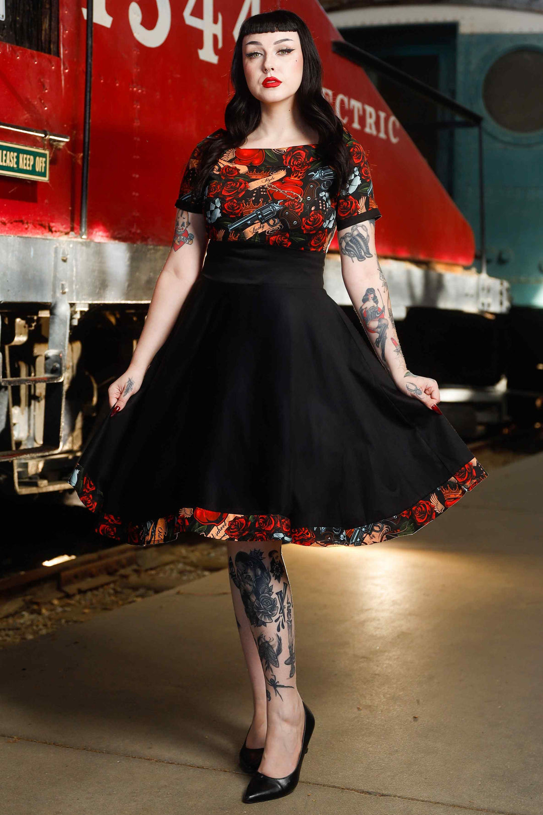 Darlene Roll Collar Dress in Guns N Roses Tattoo Print