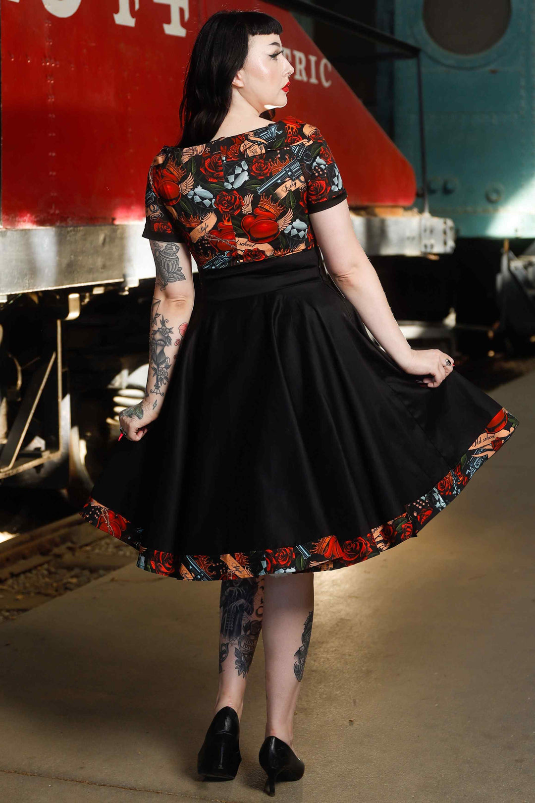 Darlene Roll Collar Dress in Guns N Roses Tattoo Print