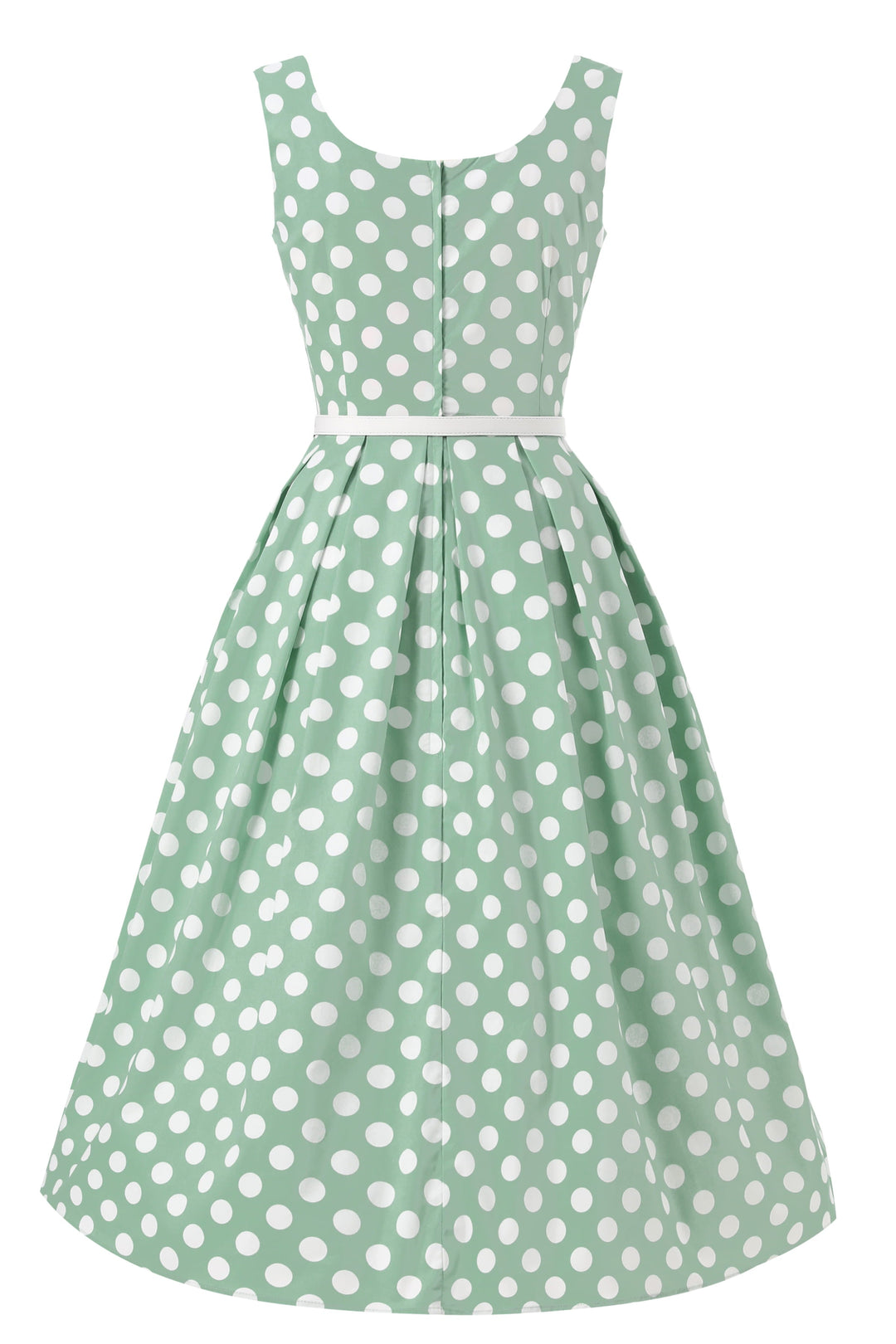The back of Ophelia Sage Green & White Polka Dot Dress
