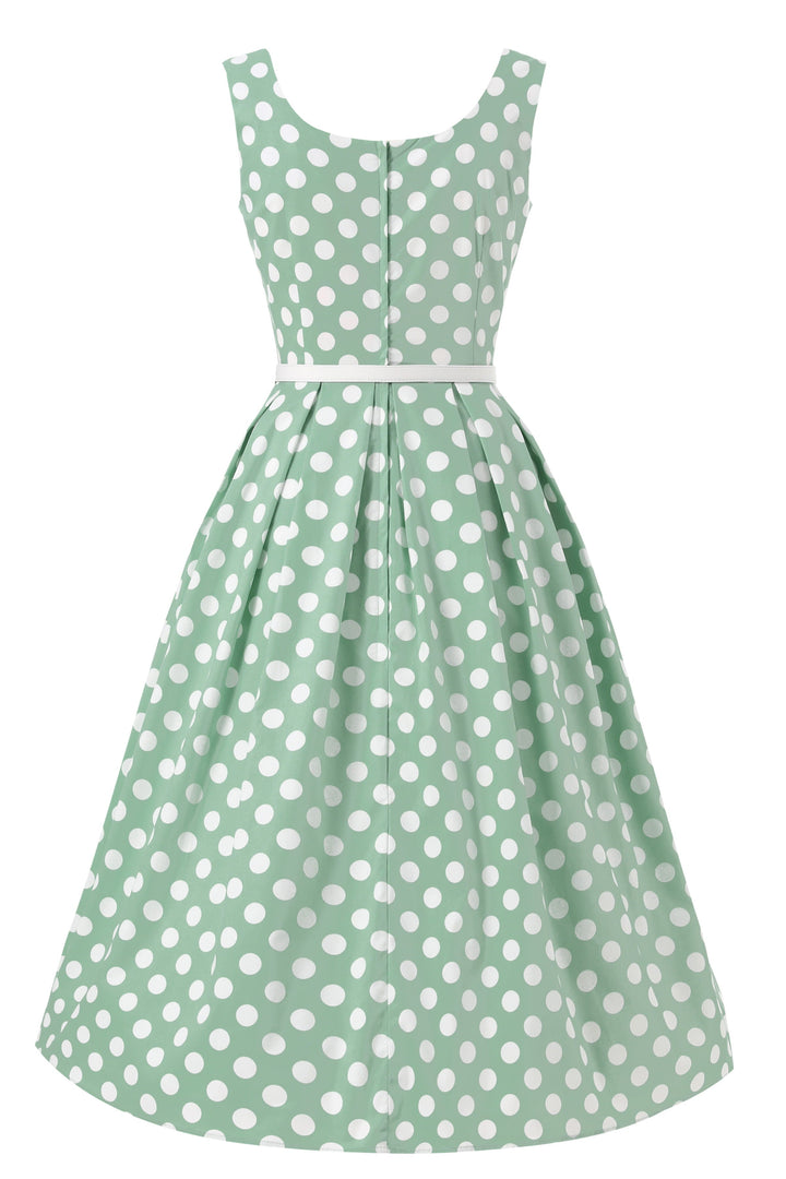The back of Ophelia Sage Green & White Polka Dot Dress