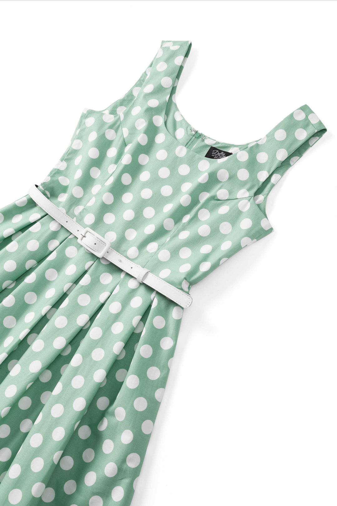 The bodice of Ophelia Sage Green & White Polka Dot Dress