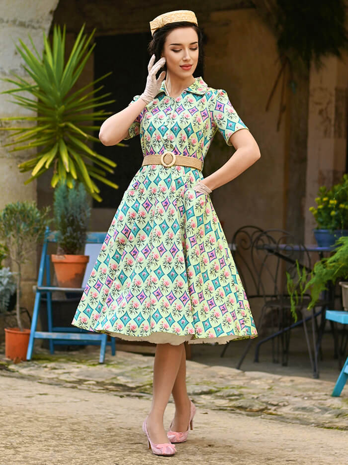 vintage light green floral shirt dress with a straw belt